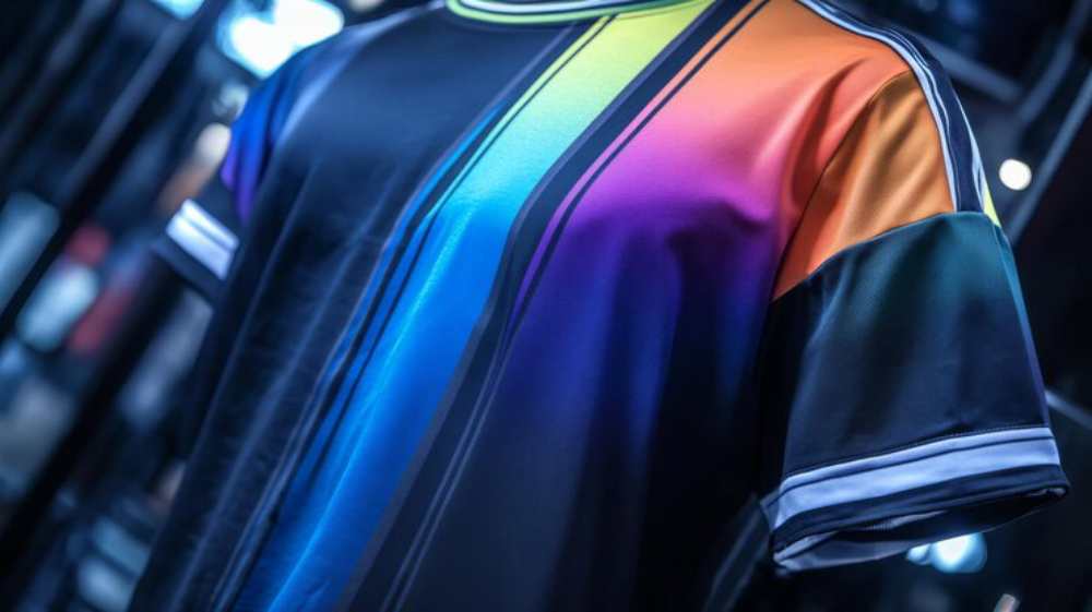 Close-up of a vibrant short-sleeve shirt featuring a gradient of colors from black to rainbow, highlighted by white stripes.