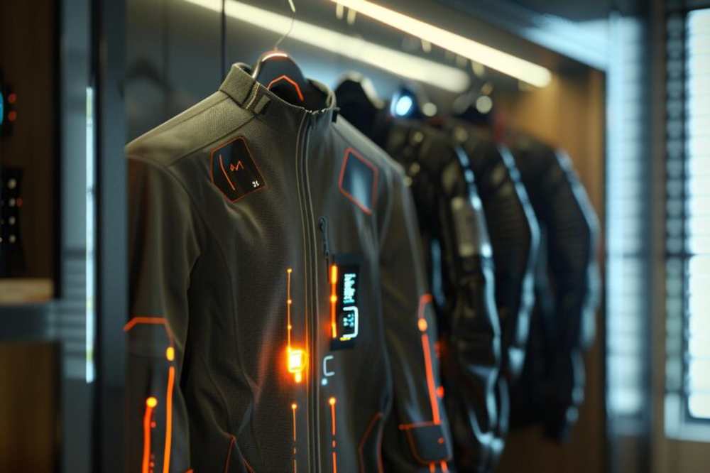 A sleek jacket with glowing orange accents, displayed alongside additional high-tech attire in a modern setting.