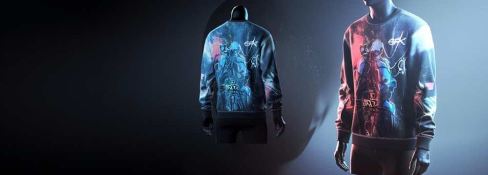 A vibrant, graphic sweatshirt showcasing colorful artwork, displayed on a mannequin against a dark, minimalist background.
