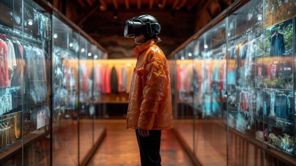 A person wearing a VR headset stands in a stylish clothing store, surrounded by illuminated displays of apparel and vibrant colors.