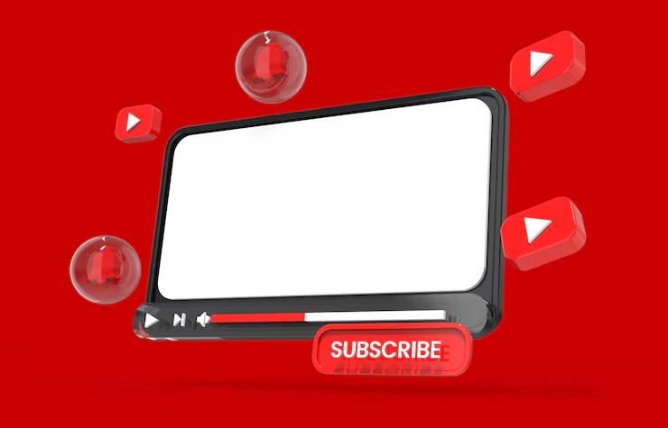 A 3D video player graphic on a red background, featuring a blank screen, a play button, and a large 'Subscribe' button.