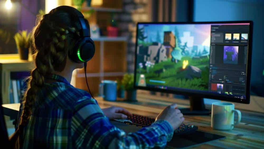 A gamer with headphones playing on a computer, focused on a vibrant game scene, with a cozy room background and a coffee mug nearby.