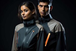 Two gamers showcase stylish, modern jackets featuring bright accents, set against a dark background for dramatic effect.