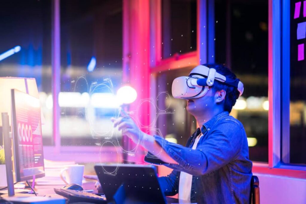 A gamer wearing a VR headset interacts with a virtual interface and using data analytics in esports.