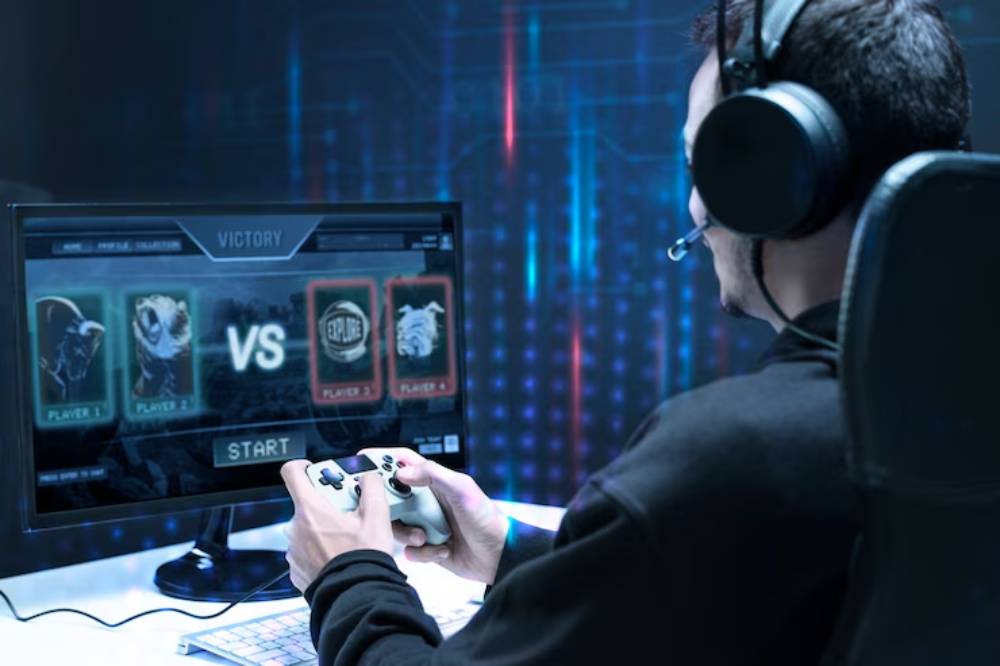 A gamer wearing headphones plays on a console, focused on a screen displaying a victory screen and player matchups.