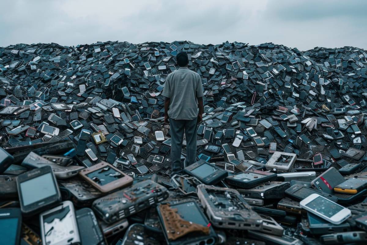 A person stands before a massive pile of discarded mobile phones, reflecting on electronic waste under a cloudy sky.