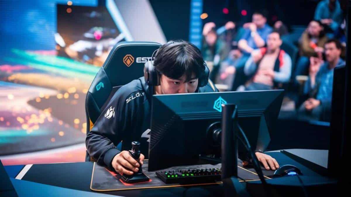 A focused gamer sits at a desk with a monitor and gaming gear, participating in a lively esports event with spectators in the background. 