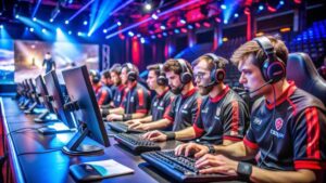 A group of esports players in branded jerseys competes at a tournament, focused on their computers in a vibrant, lit arena.