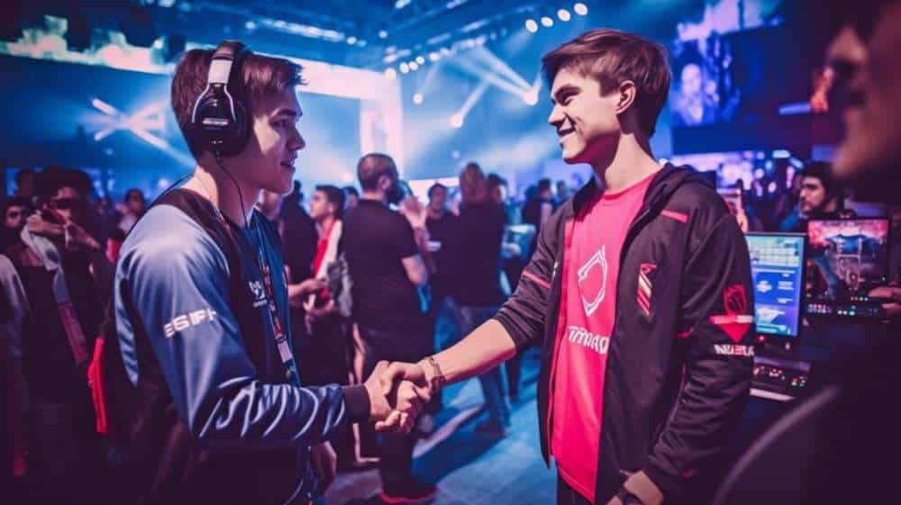 Two esports players shake hands at a gaming event, surrounded by an enthusiastic crowd and vibrant stage lights.