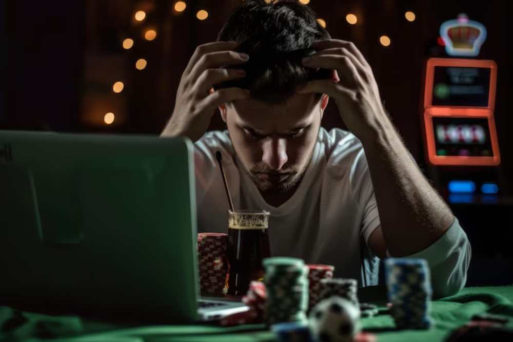 A stressed individual sits at a laptop surrounded by poker chips and a drink, with a slot machine glowing in the background.