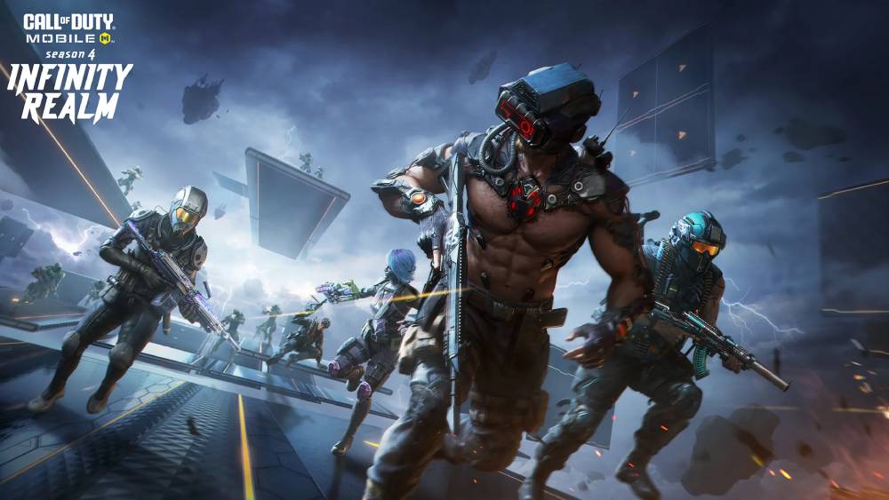 Four futuristic soldiers in tactical gear battle in a digital landscape, showcasing Call of Duty Mobile's Season 4: Infinity Realm theme.