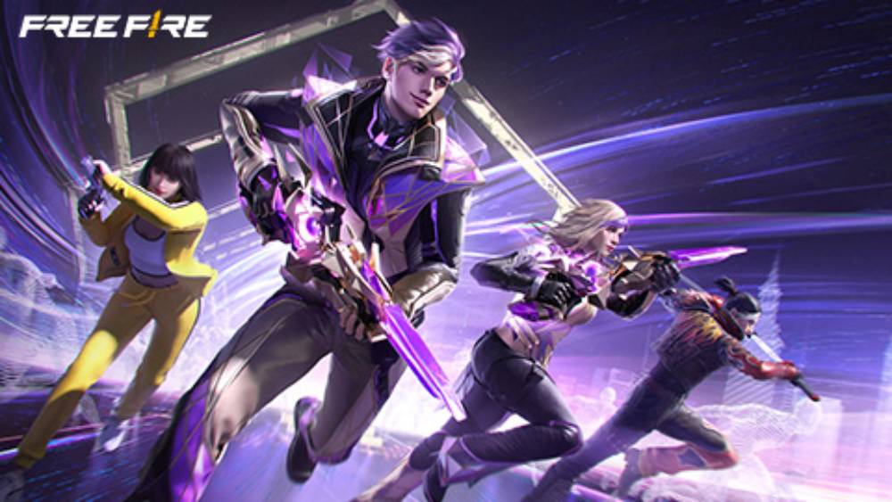 A dynamic group of stylish characters in futuristic outfits wielding weapons, showcasing Free Fire game.