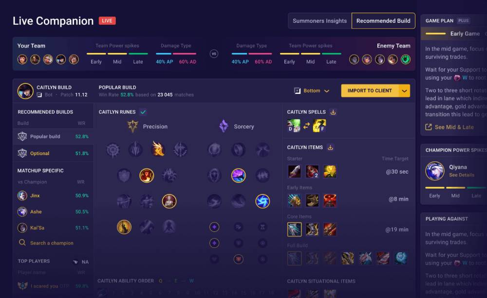Screenshot of a League of Legends build guide for the champion Caitlyn, showing recommended items, runes, and matchup stats.