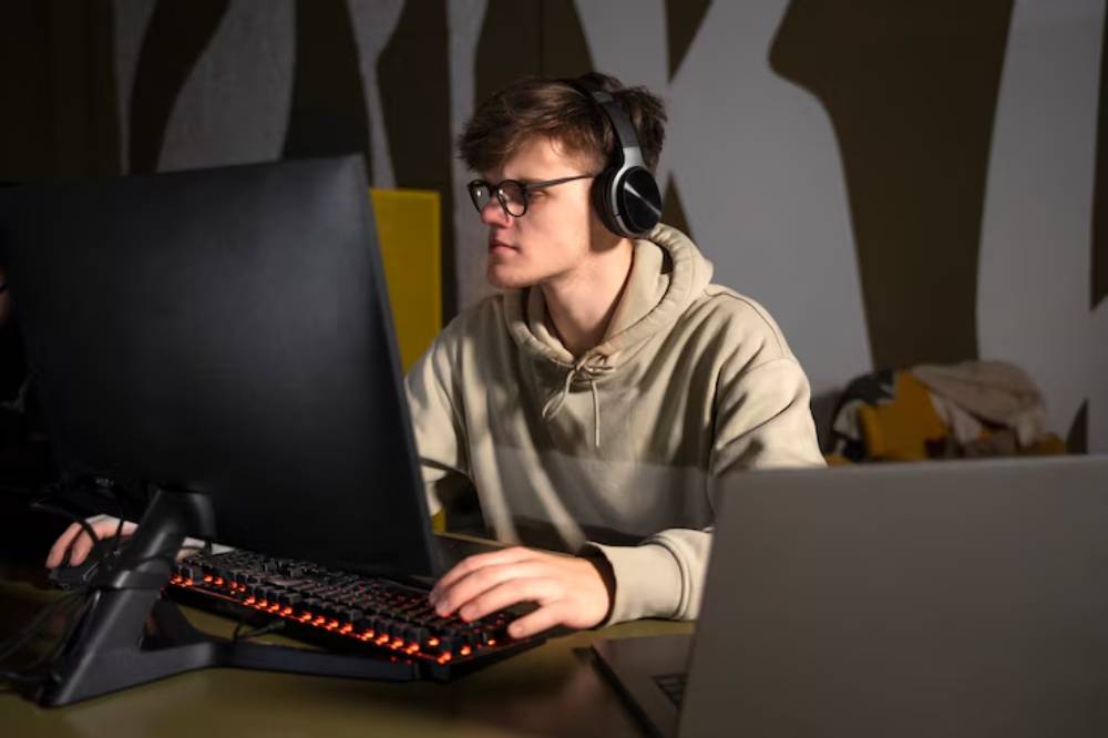 A young gamer in a beige hoodie wearing headphones is focused on a computer screen of computer.