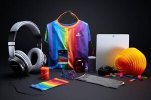 A colorful collection of items including a rainbow shirt, headphones, a smartphone, and various accessories against a dark background.