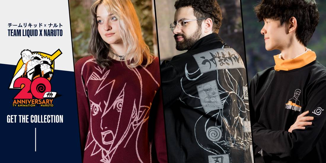 A collection of stylish Naruto-themed apparel showcased on three models, featuring vibrant designs and iconic symbols.
