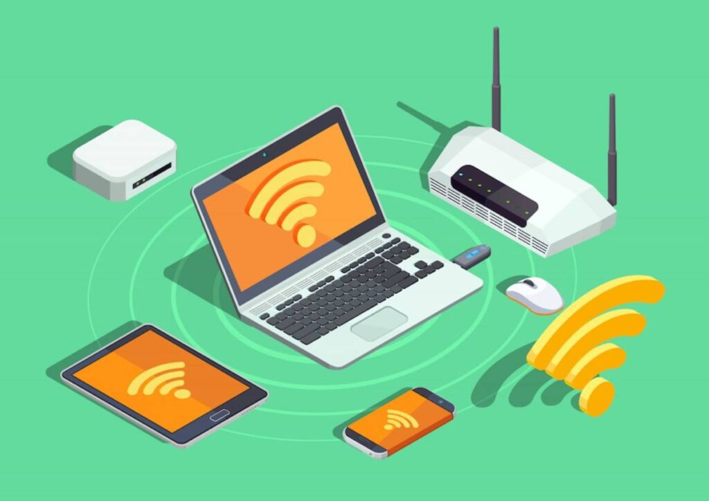 An illustration featuring a laptop, tablet, and smartphone with Wi-Fi symbols, surrounded by a router and network devices on a green background.