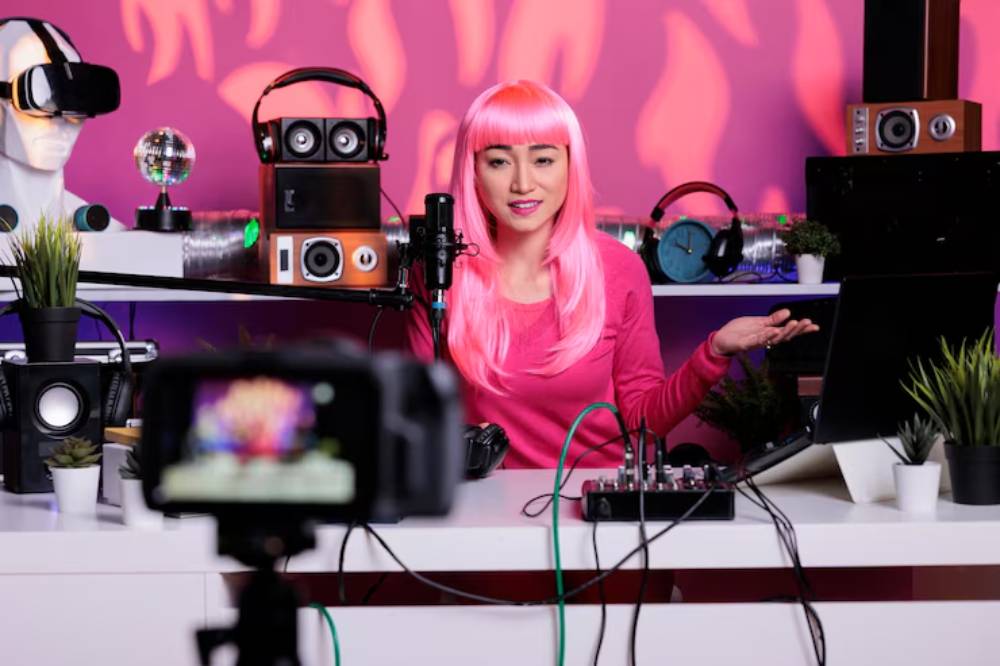 A person with long pink hair sits at a desk with a microphone, surrounded by audio equipment, plants, and vibrant decorations.