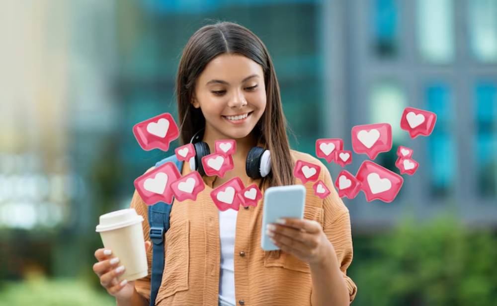 A person holds a coffee cup and a smartphone, surrounded by animated heart icons, suggesting engagement with social media.