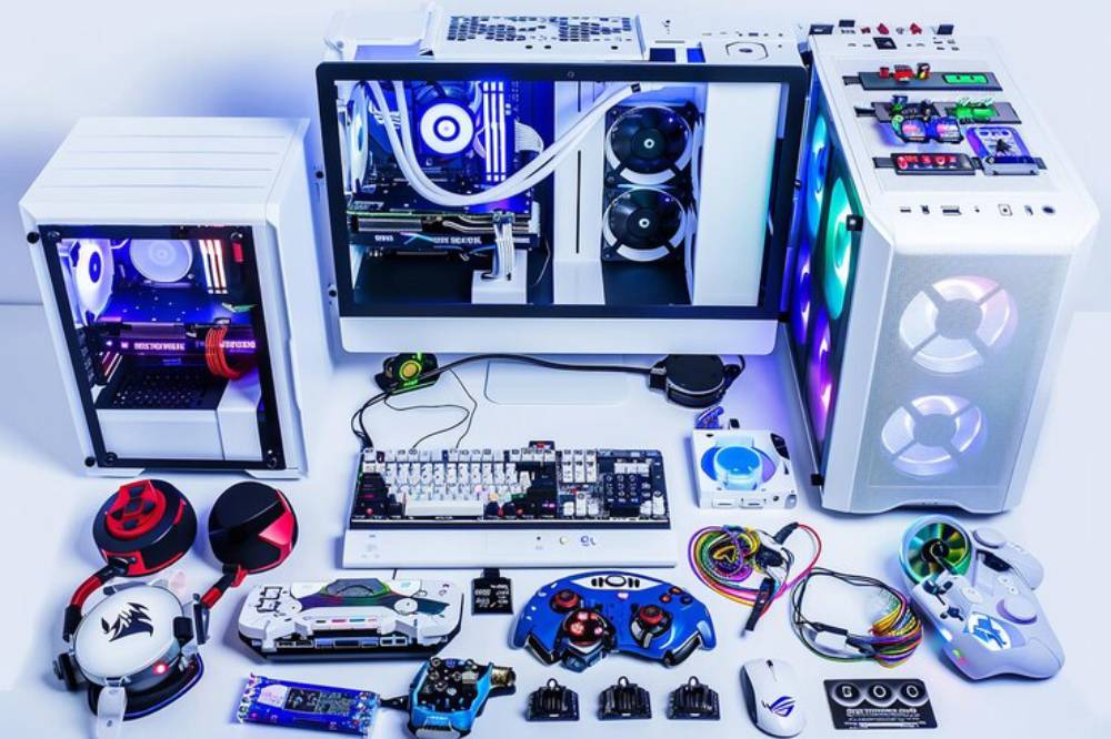A collection of gaming hardware including two custom PCs, keyboards, headsets, and colorful game controllers, all arranged on a white surface.