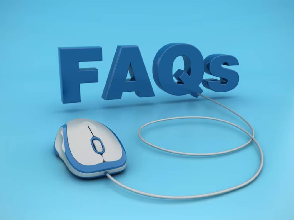 3D blue text 'FAQs' with a computer mouse and cable on a light blue background, symbolizing online help or support.