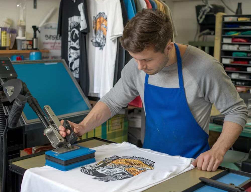 A person operates a heat press on a printed t-shirt with a tiger design in a vibrant screen printing studio filled with colorful garments.