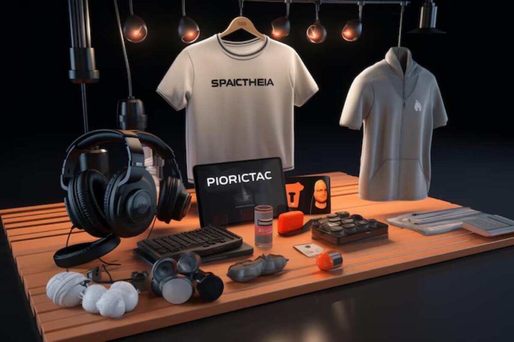 A collection of gaming and tech merchandise including headphones, t-shirts, a keyboard, and various accessories arranged on a wooden table.