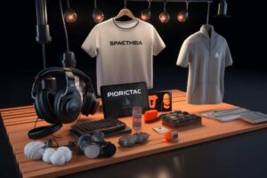 A collection of gaming and tech merchandise including headphones, t-shirts, a keyboard, and various accessories arranged on a wooden table.