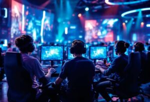 Four gamers in headsets focus intently on their screens, immersed in an illuminated esports arena surrounded by vibrant lights.