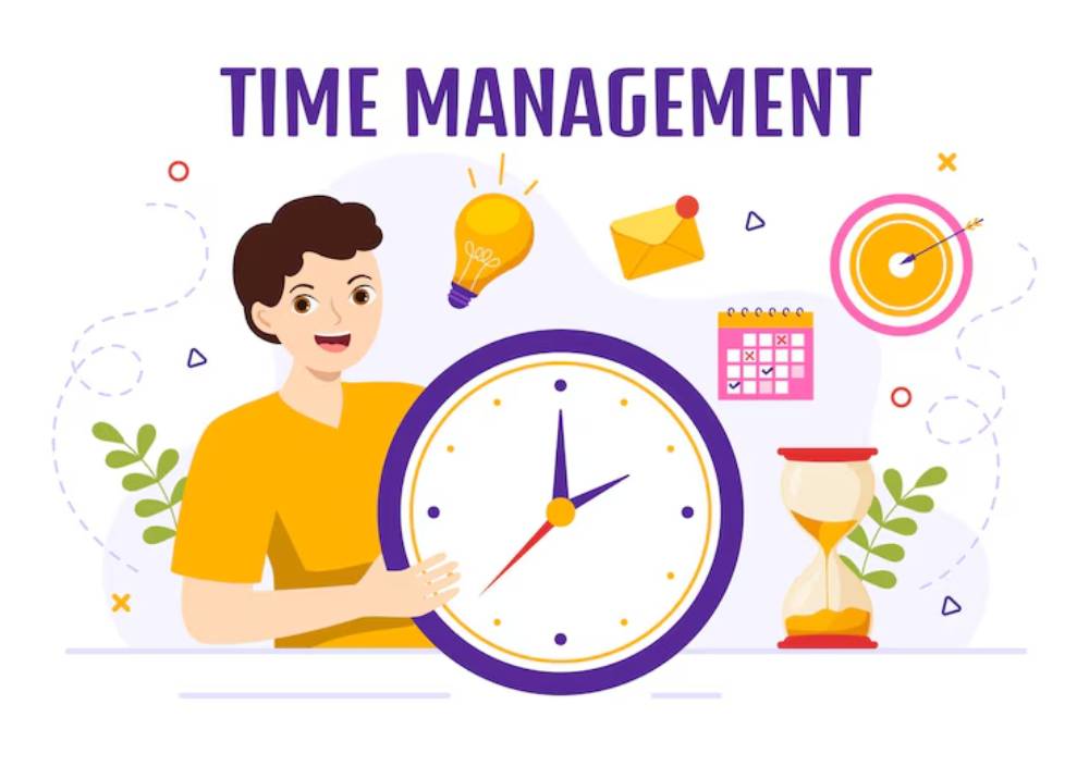 Illustration depicting time management with a clock, hourglass, calendar, light bulb, and other icons emphasizing productivity.