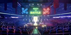 A vibrant esports arena filled with an audience, featuring a large trophy on stage and digital screens announcing "READY TO BATTLE."
