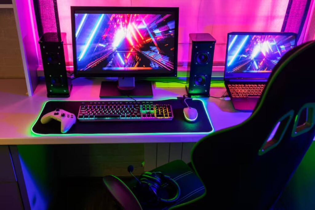 A vibrant gaming setup featuring a keyboard, mouse, Xbox controller, dual monitors, speakers, and an illuminated gaming chair.