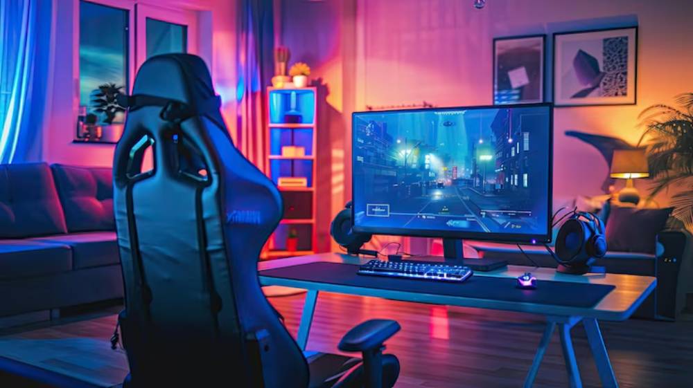 A gaming setup featuring a sleek black chair, monitor displaying a cityscape game, and colorful ambient lighting in a stylish room.